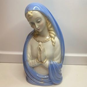 Vtg Italy Porcelain Praying May Madonna Figurine with Blue Gold Veil 9.5” H